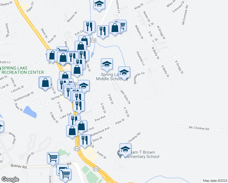 map of restaurants, bars, coffee shops, grocery stores, and more near 130 South 6th Street in Spring Lake