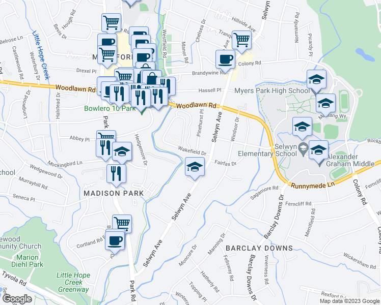 map of restaurants, bars, coffee shops, grocery stores, and more near 219 Wakefield Drive in Charlotte
