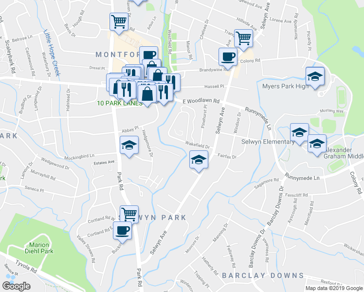 map of restaurants, bars, coffee shops, grocery stores, and more near 4607 Hedgemore Drive in Charlotte