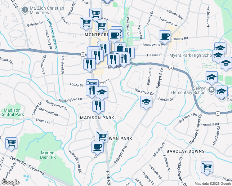 map of restaurants, bars, coffee shops, grocery stores, and more near 4615 Hedgemore Drive in Charlotte