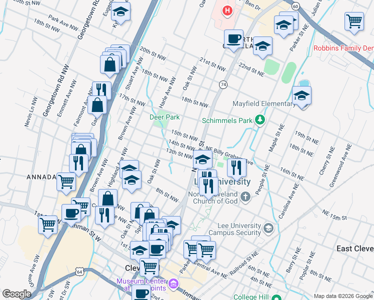 map of restaurants, bars, coffee shops, grocery stores, and more near 223 14th Street Northwest in Cleveland