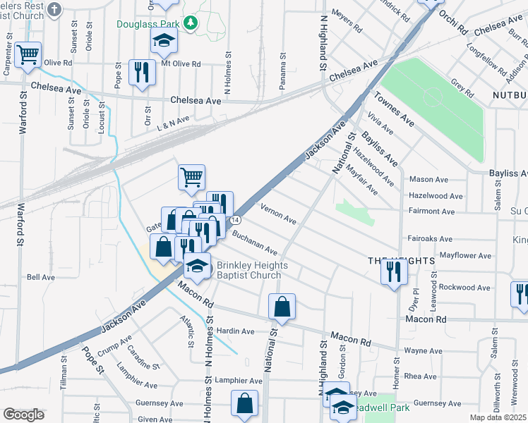 map of restaurants, bars, coffee shops, grocery stores, and more near 3393 Vernon Avenue in Memphis