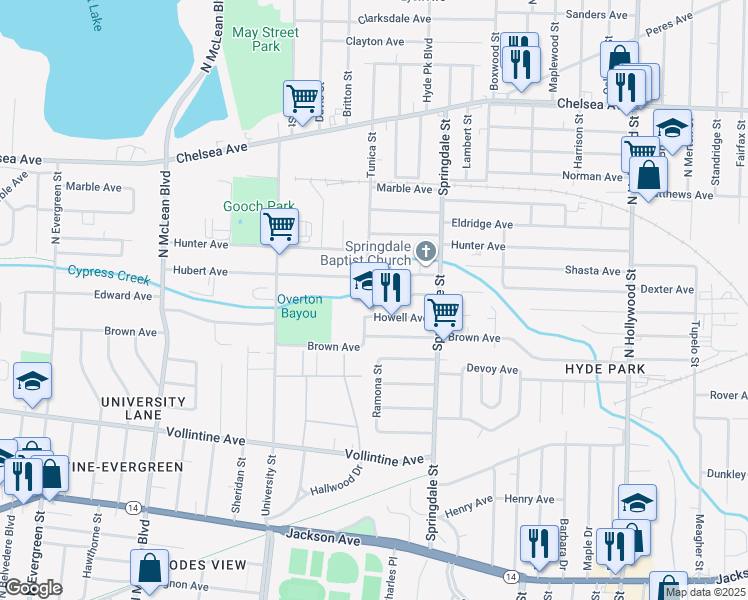 map of restaurants, bars, coffee shops, grocery stores, and more near 2126 Howell Avenue in Memphis