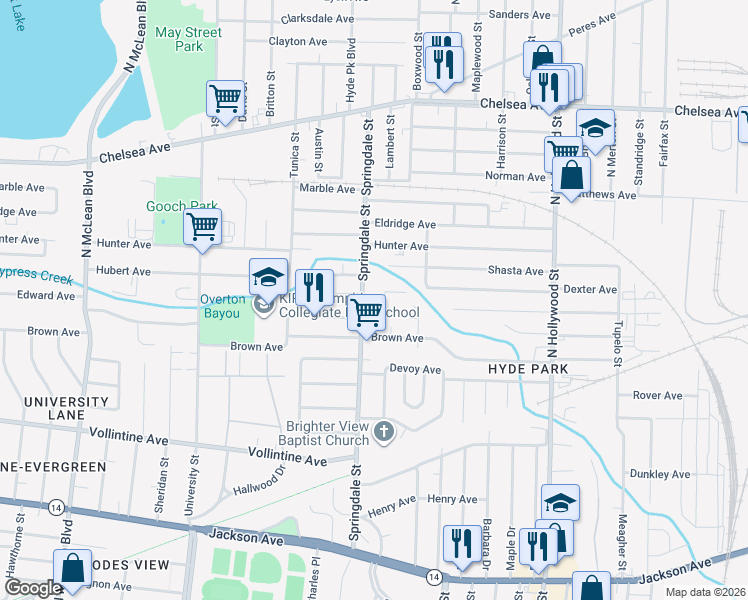 map of restaurants, bars, coffee shops, grocery stores, and more near 1144 Springdale Street in Memphis