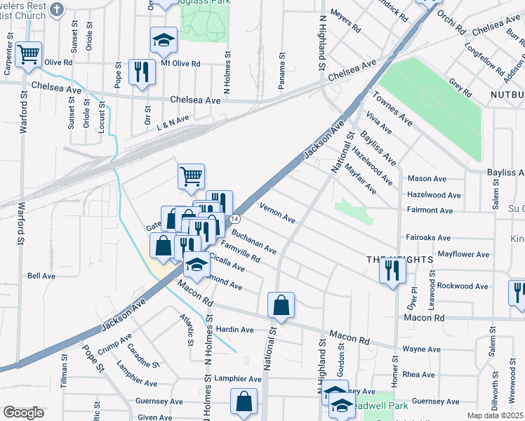 map of restaurants, bars, coffee shops, grocery stores, and more near 3393 Vernon Avenue in Memphis