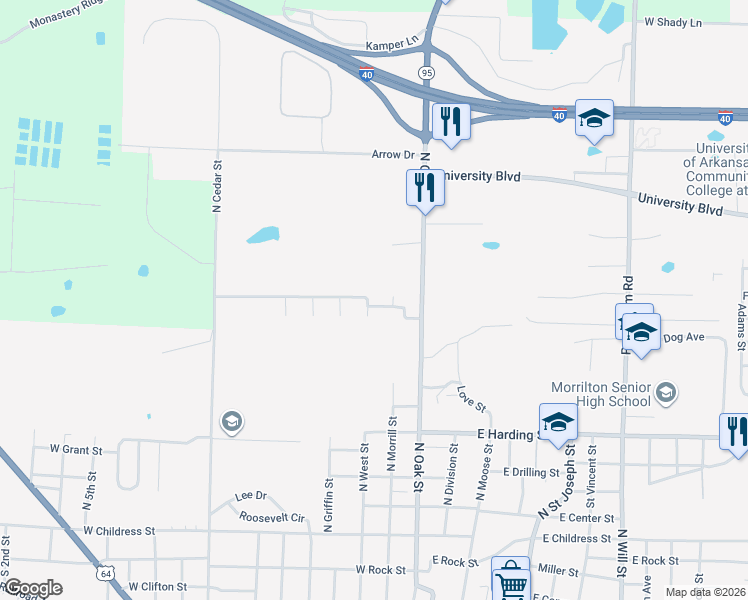 map of restaurants, bars, coffee shops, grocery stores, and more near 201 Meadow Lynn Road in Morrilton