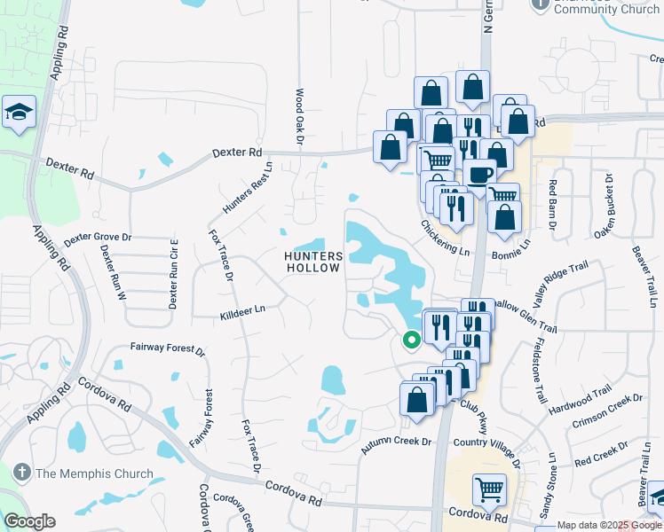map of restaurants, bars, coffee shops, grocery stores, and more near 7856 Teal Lake Cove in Memphis
