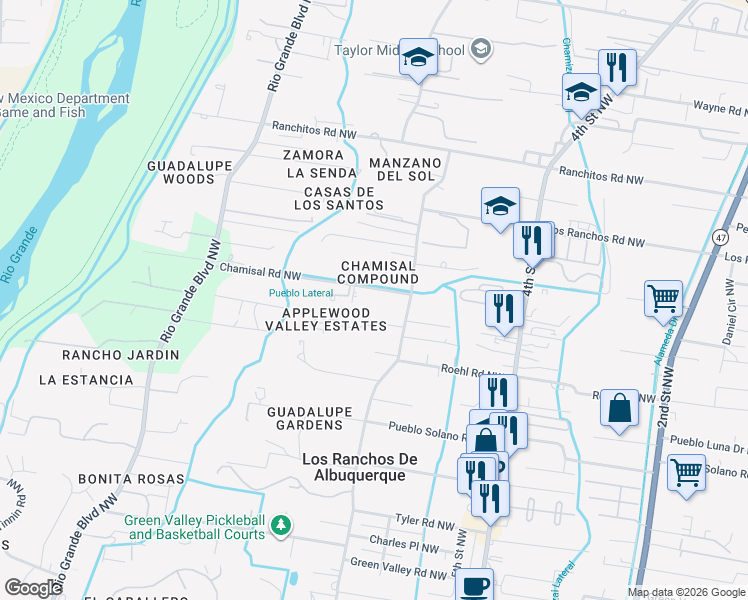 map of restaurants, bars, coffee shops, grocery stores, and more near 7 Applewood Lane Northwest in Los Ranchos de Albuquerque