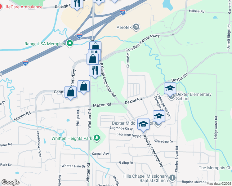 map of restaurants, bars, coffee shops, grocery stores, and more near 6882 Raleigh Lagrange Road in Memphis