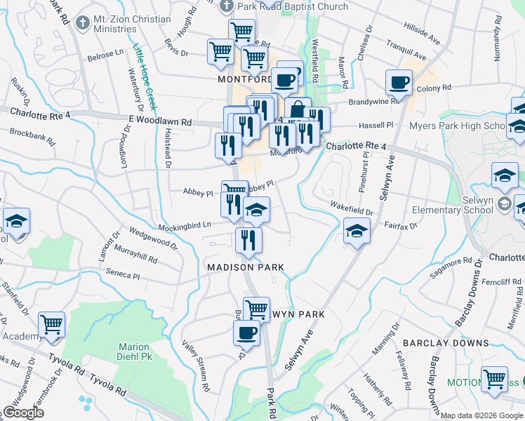 map of restaurants, bars, coffee shops, grocery stores, and more near 1615 Mockingbird Lane in Charlotte