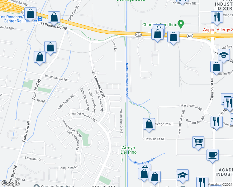 map of restaurants, bars, coffee shops, grocery stores, and more near 1427 Bridle Wood Road Northeast in Albuquerque
