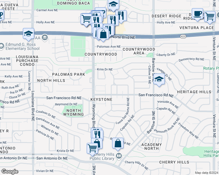 map of restaurants, bars, coffee shops, grocery stores, and more near 7617 Union Street Northeast in Albuquerque