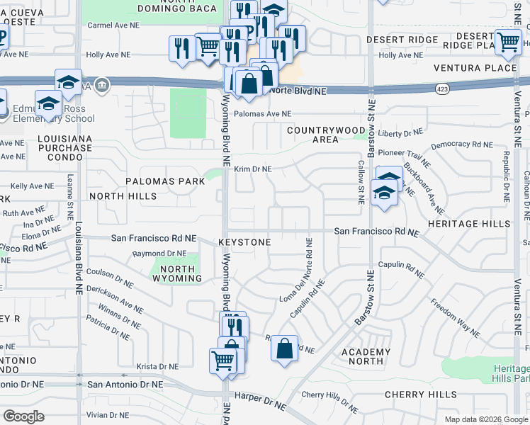 map of restaurants, bars, coffee shops, grocery stores, and more near 7608 Union Street Northeast in Albuquerque