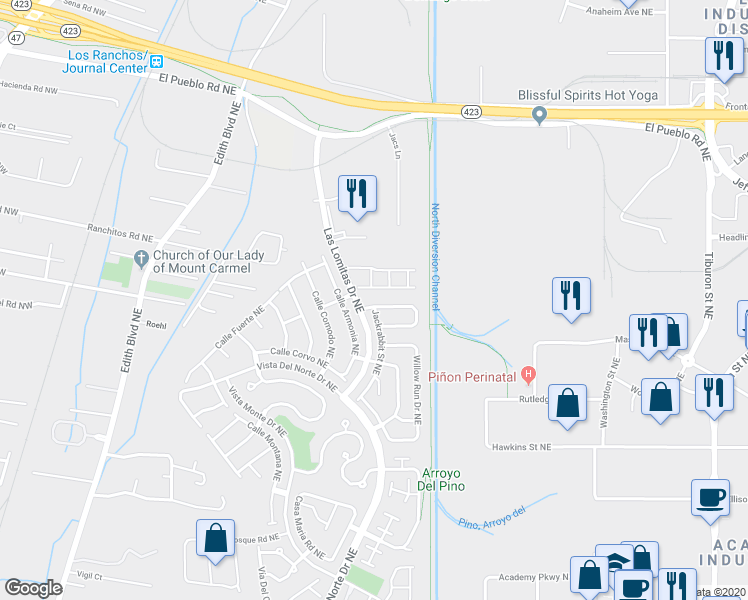 map of restaurants, bars, coffee shops, grocery stores, and more near 7659 Jackrabbit Street Northeast in Albuquerque