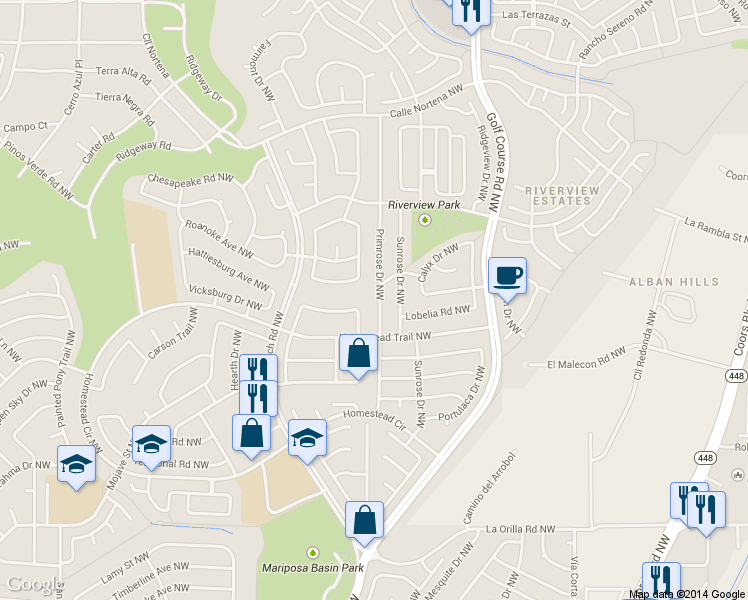 map of restaurants, bars, coffee shops, grocery stores, and more near 7417 Primrose Drive Northwest in Albuquerque