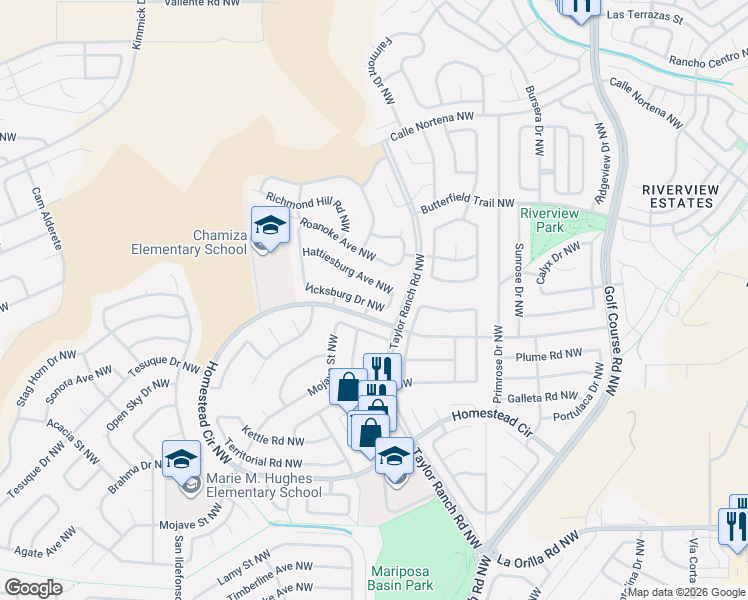 map of restaurants, bars, coffee shops, grocery stores, and more near 5101 Hattiesburg Avenue Northwest in Albuquerque