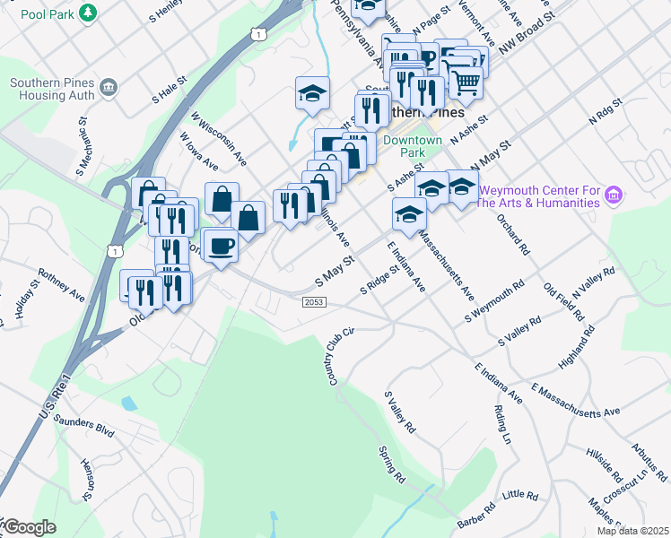 map of restaurants, bars, coffee shops, grocery stores, and more near 625 South May Street in Southern Pines