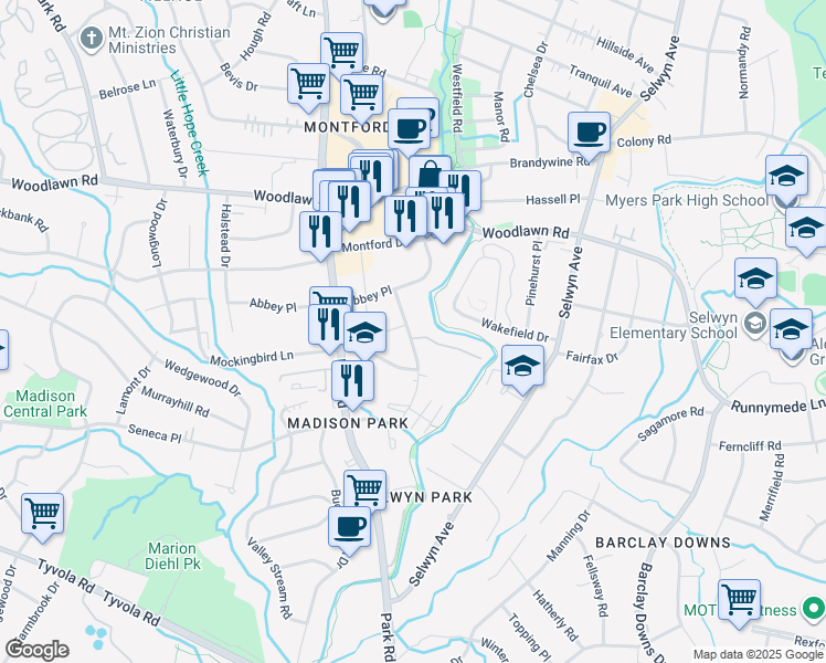 map of restaurants, bars, coffee shops, grocery stores, and more near 4615 Hedgemore Drive in Charlotte