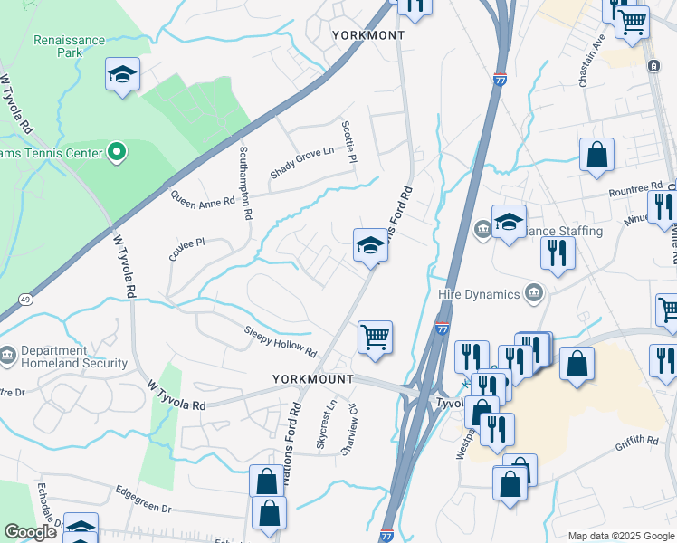 map of restaurants, bars, coffee shops, grocery stores, and more near 5914 Nations Ford Road in Charlotte