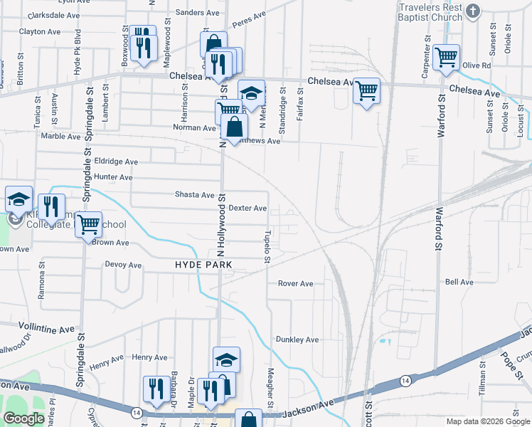 map of restaurants, bars, coffee shops, grocery stores, and more near 2522 Vandale Avenue in Memphis