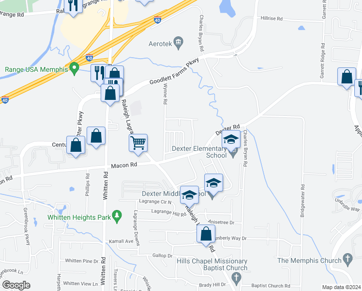 map of restaurants, bars, coffee shops, grocery stores, and more near 7022 Wynne Ridge Road South in Shelby County