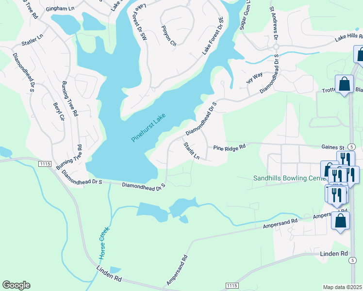 map of restaurants, bars, coffee shops, grocery stores, and more near 2 Starlit Lane in Pinehurst