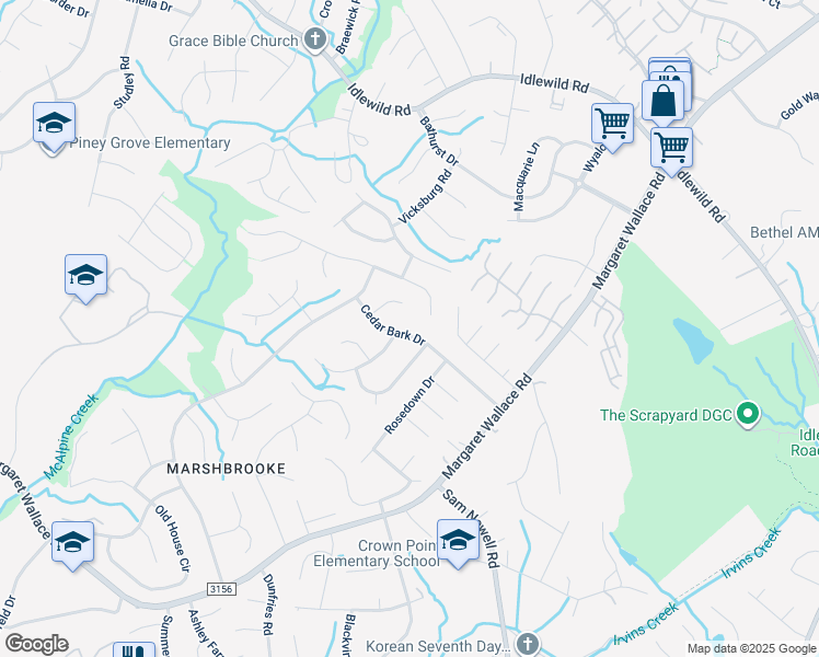 map of restaurants, bars, coffee shops, grocery stores, and more near 3916 Cedar Bark Drive in Matthews