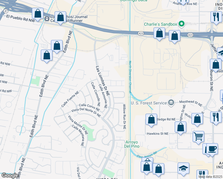 map of restaurants, bars, coffee shops, grocery stores, and more near 7659 Jackrabbit Street Northeast in Albuquerque