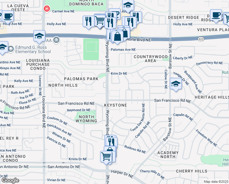 map of restaurants, bars, coffee shops, grocery stores, and more near 8027 Argyle Avenue Northeast in Albuquerque