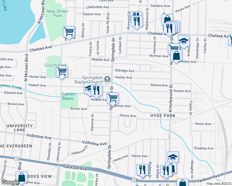 map of restaurants, bars, coffee shops, grocery stores, and more near 1160 Springdale Street in Memphis