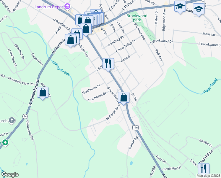 map of restaurants, bars, coffee shops, grocery stores, and more near 405 South Randolph Avenue in Landrum