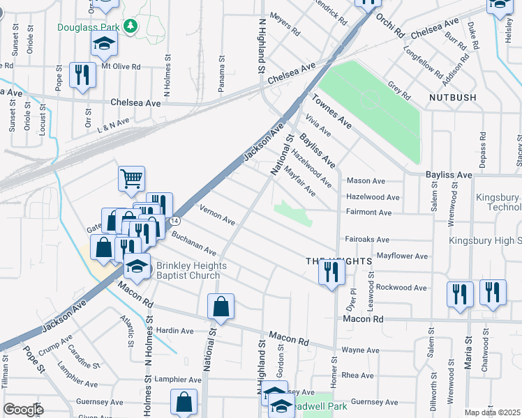 map of restaurants, bars, coffee shops, grocery stores, and more near 3481 Mayflower Avenue in Memphis
