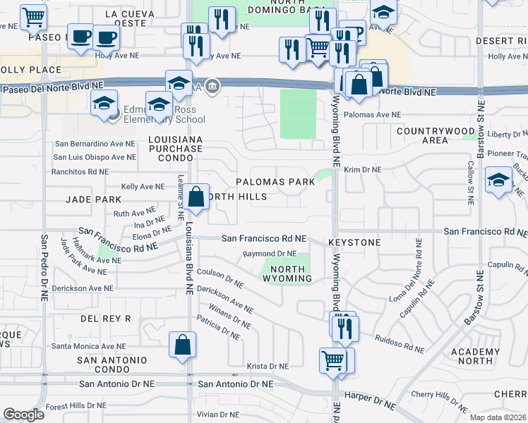 map of restaurants, bars, coffee shops, grocery stores, and more near 7401 Scotts Place Northeast in Albuquerque