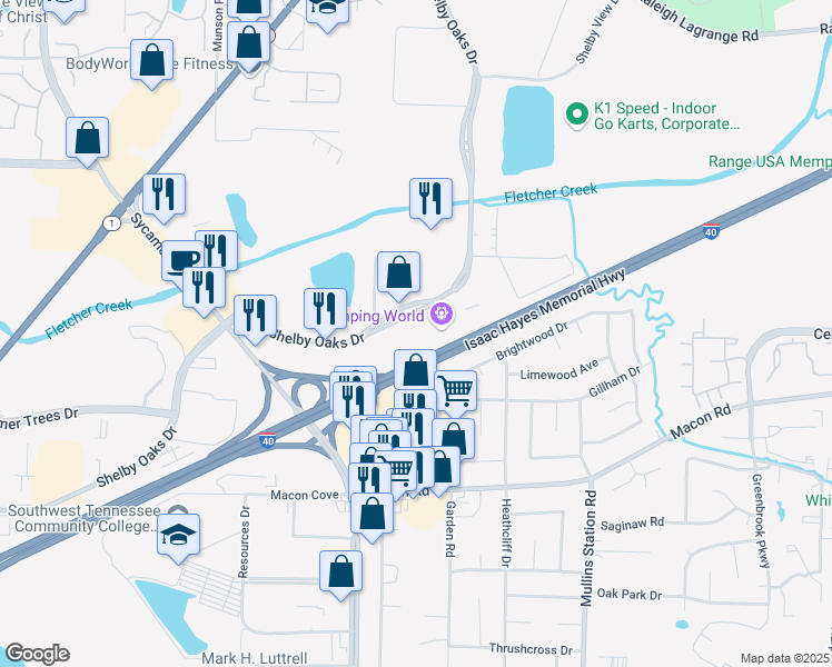 map of restaurants, bars, coffee shops, grocery stores, and more near 6161 Shelby Oaks Drive in Memphis