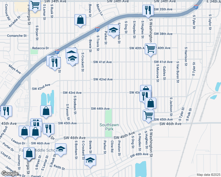 map of restaurants, bars, coffee shops, grocery stores, and more near 4216 Cline Road in Amarillo