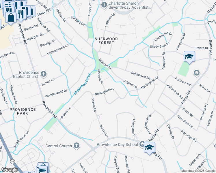 map of restaurants, bars, coffee shops, grocery stores, and more near 343 Nottingham Drive in Charlotte