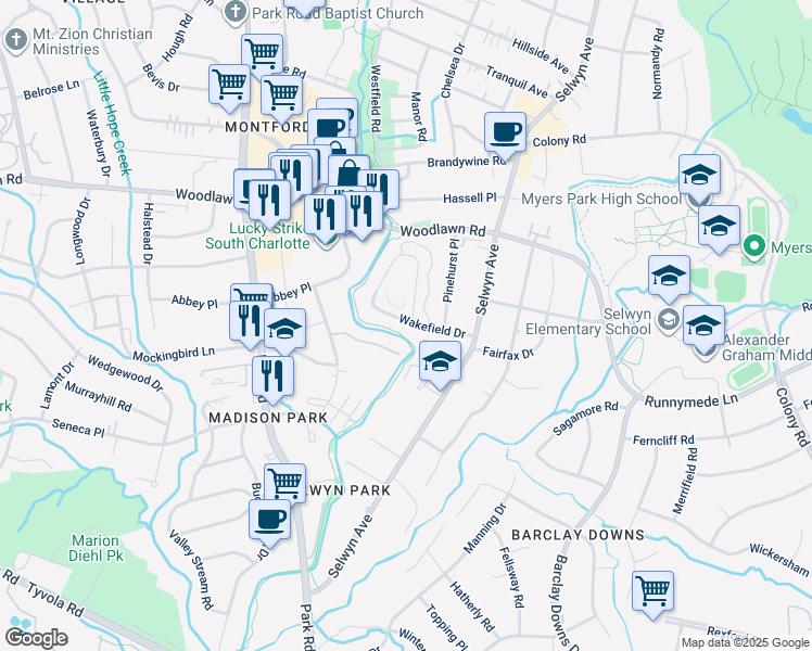 map of restaurants, bars, coffee shops, grocery stores, and more near 4607 Hedgemore Drive in Charlotte