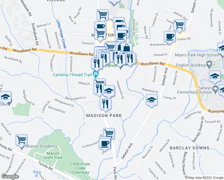map of restaurants, bars, coffee shops, grocery stores, and more near 1515 Mockingbird Ln in Charlotte