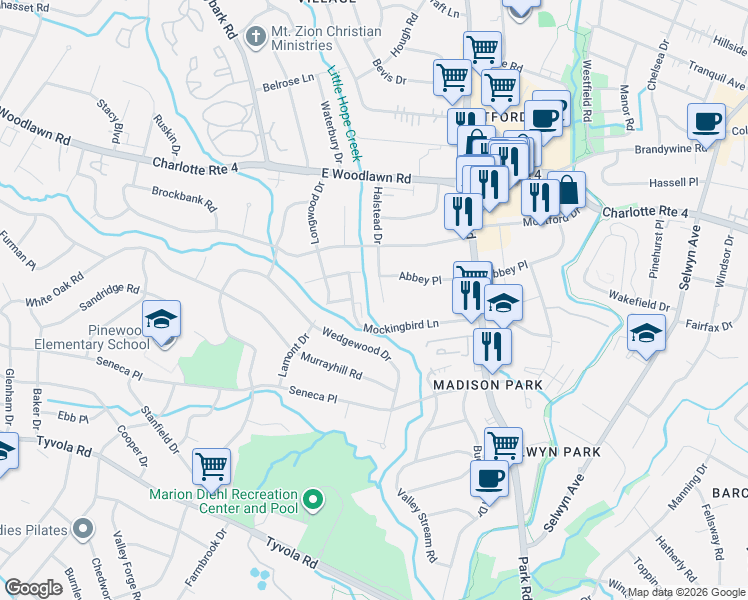 map of restaurants, bars, coffee shops, grocery stores, and more near in Charlotte