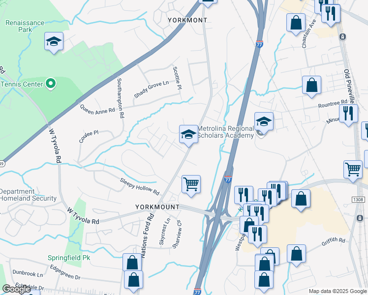 map of restaurants, bars, coffee shops, grocery stores, and more near 5914 Nations Ford Road in Charlotte