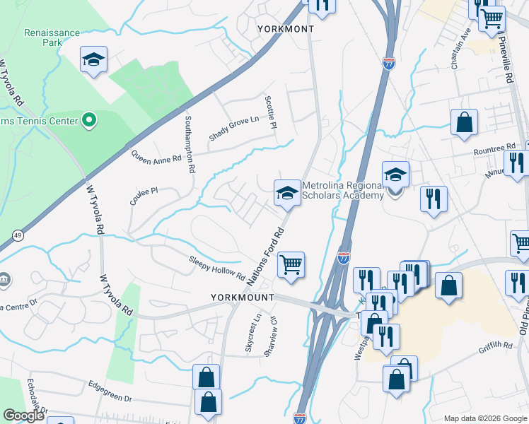 map of restaurants, bars, coffee shops, grocery stores, and more near 5914 Nations Ford Road in Charlotte