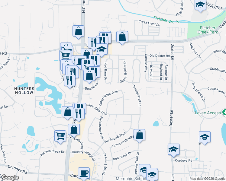 map of restaurants, bars, coffee shops, grocery stores, and more near 8215 Valley Ridge Trail in Memphis