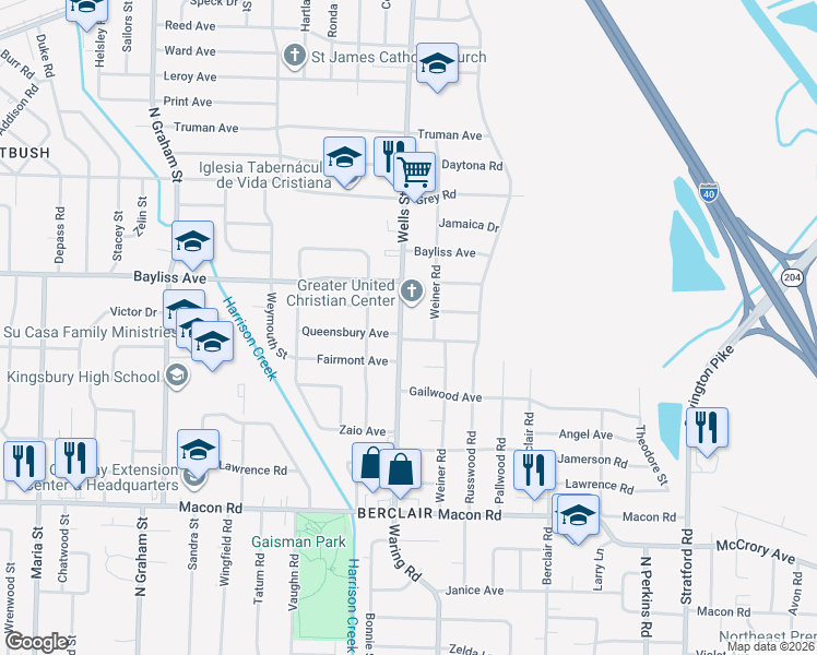 map of restaurants, bars, coffee shops, grocery stores, and more near 1321 Wells Station Road in Memphis