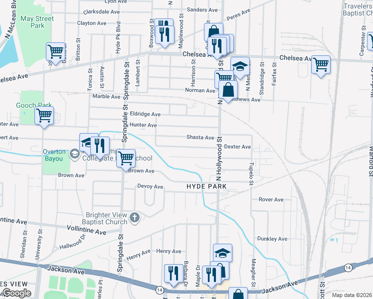 map of restaurants, bars, coffee shops, grocery stores, and more near 2348 Vandale Avenue in Memphis