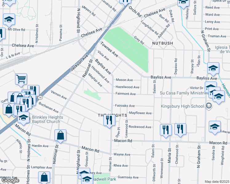 map of restaurants, bars, coffee shops, grocery stores, and more near 3651 Fairmont Avenue in Memphis