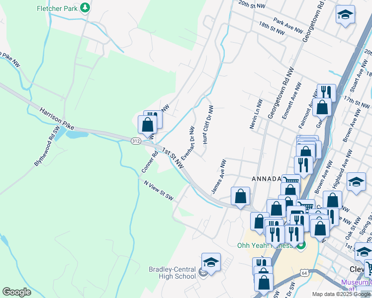 map of restaurants, bars, coffee shops, grocery stores, and more near 285 Everhart Drive Northwest in Cleveland