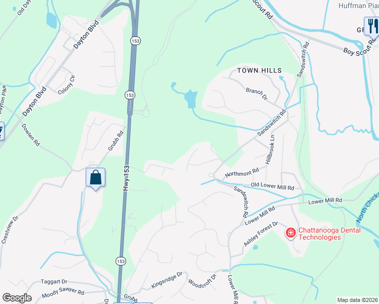 map of restaurants, bars, coffee shops, grocery stores, and more near 6492 Faultless Way in Chattanooga