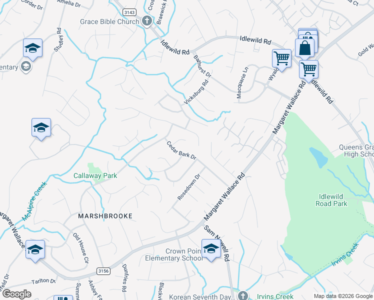 map of restaurants, bars, coffee shops, grocery stores, and more near 3825 Hunters Run Lane in Matthews