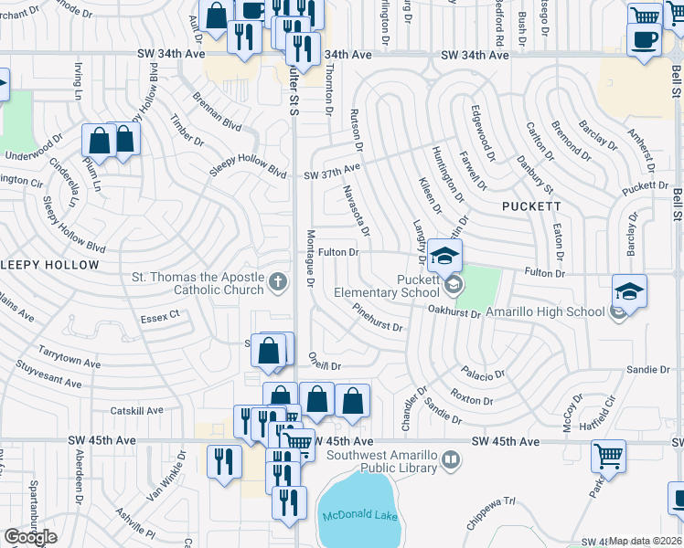 map of restaurants, bars, coffee shops, grocery stores, and more near 4010 Oakhurst Drive in Amarillo