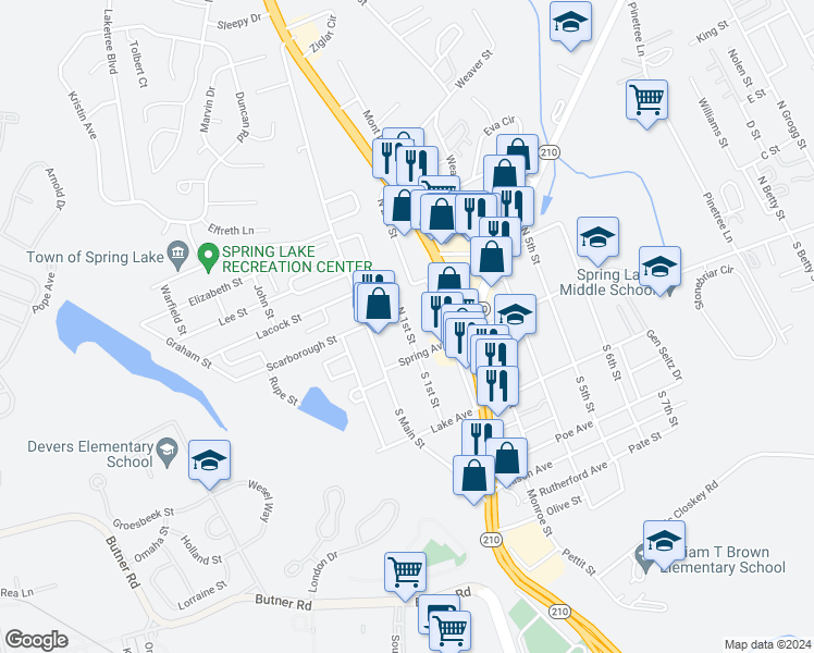 map of restaurants, bars, coffee shops, grocery stores, and more near North 1st Street in Spring Lake